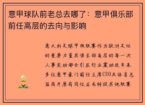 意甲球队前老总去哪了:意甲俱乐部前任高层的去向与影响